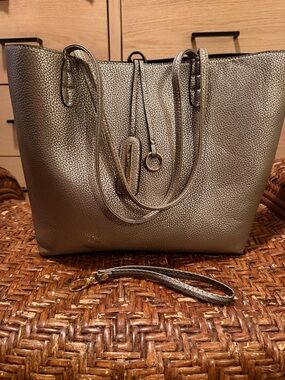 Street Level Metallic Pewter Tote Bag with Wristlet and Insert
